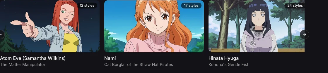 Pinku AI character gallery displaying anime and cartoon characters organized by category tabs